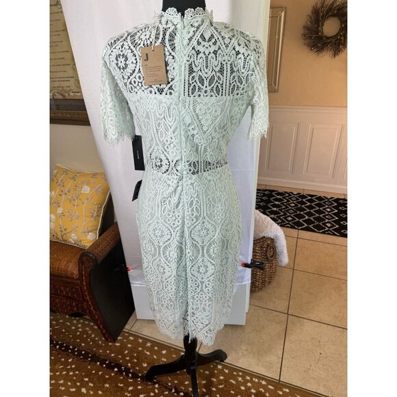 NWT Lulus Mint Blue Sheer Lace Office Siren Shortsleeve Mini Dress M Bodycon - Picture 8 of 13
